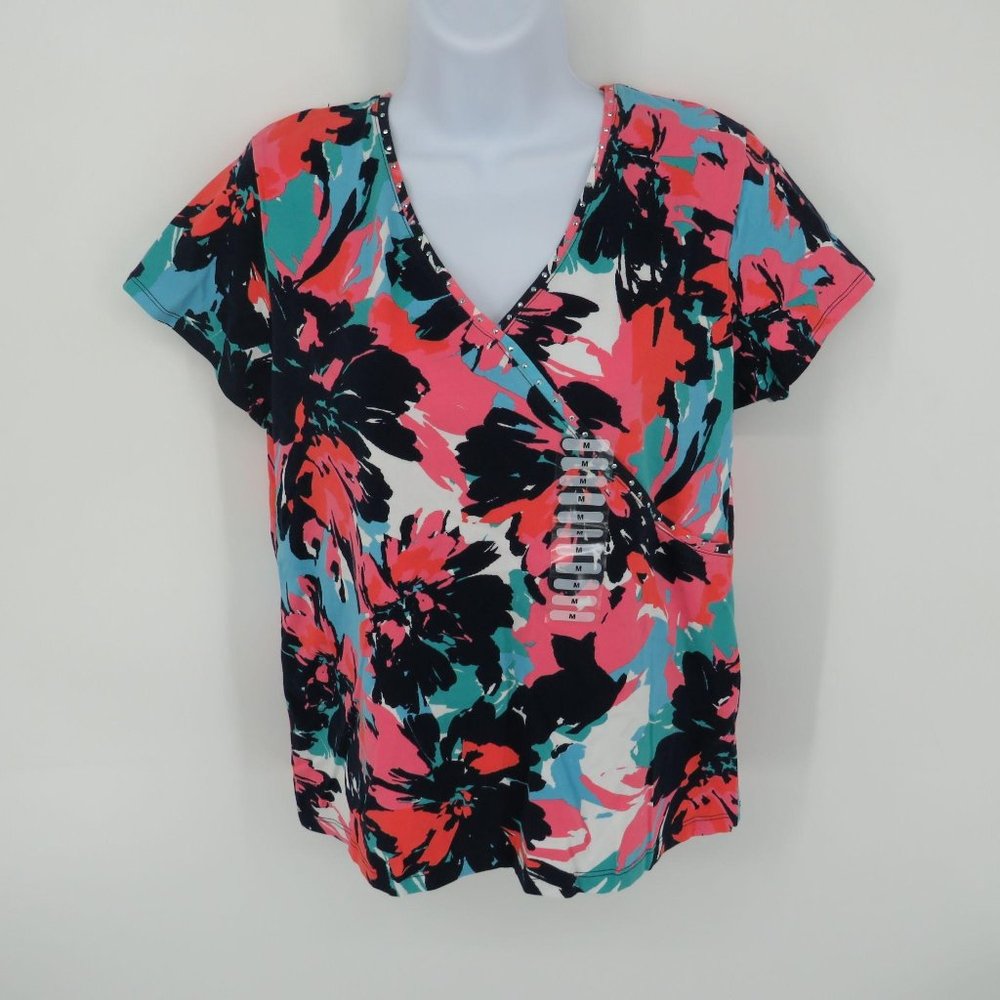 Ruby Rd Womens Embellished Short Sleeve Print Top M NWT $54